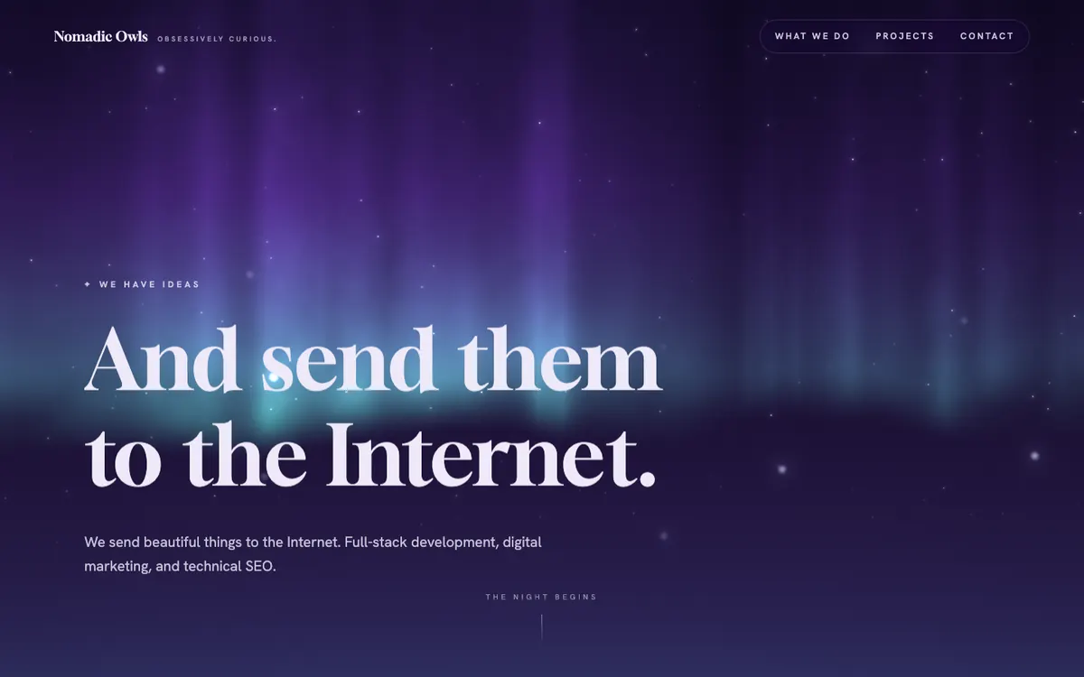 BOREALIS — aurora dreamscape hero, teal ribbons over night violet