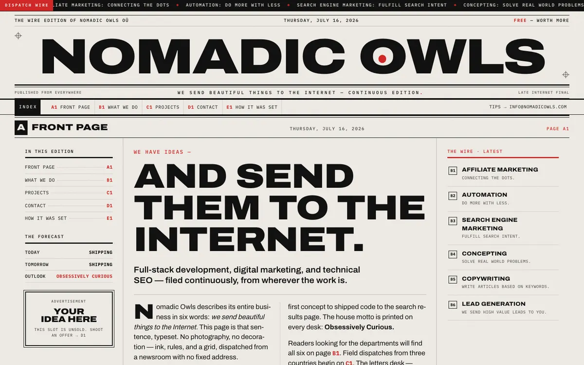 DISPATCH — brutalist newsprint broadsheet hero with signal-red headline