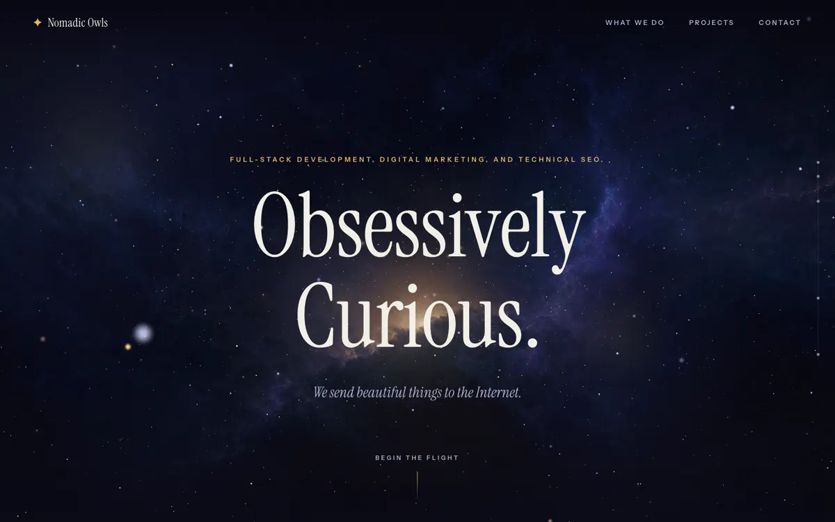 NOCTURNE — WebGL starfield hero, a golden constellation over near-black indigo
