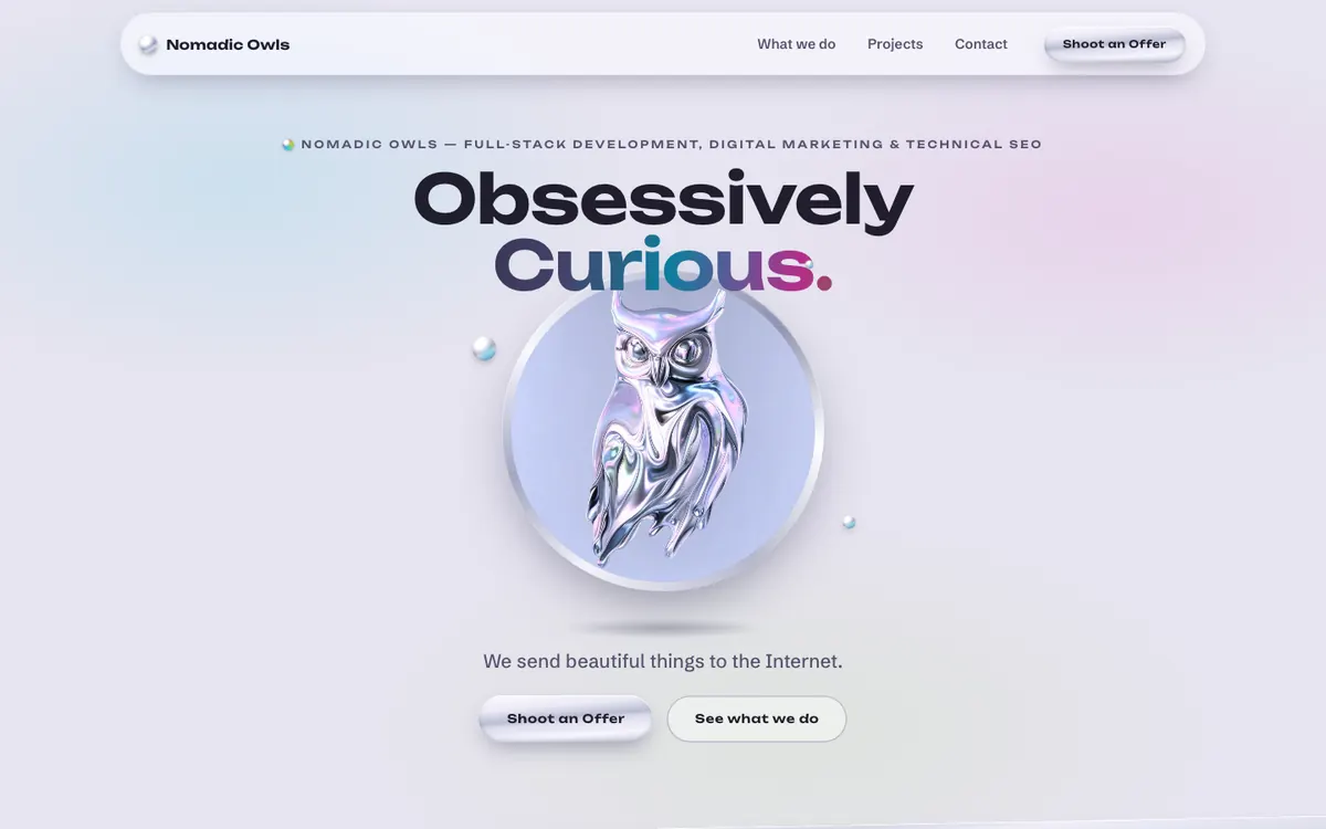 QUICKSILVER — liquid chrome mercury owl hero in an iridescent Y2K portal