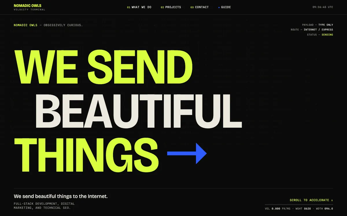 VELOCITY — kinetic typography hero in acid yellow on jet black