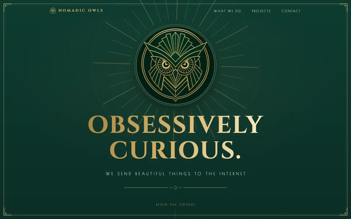 VOYAGE — art-deco travel poster hero in emerald and champagne gold